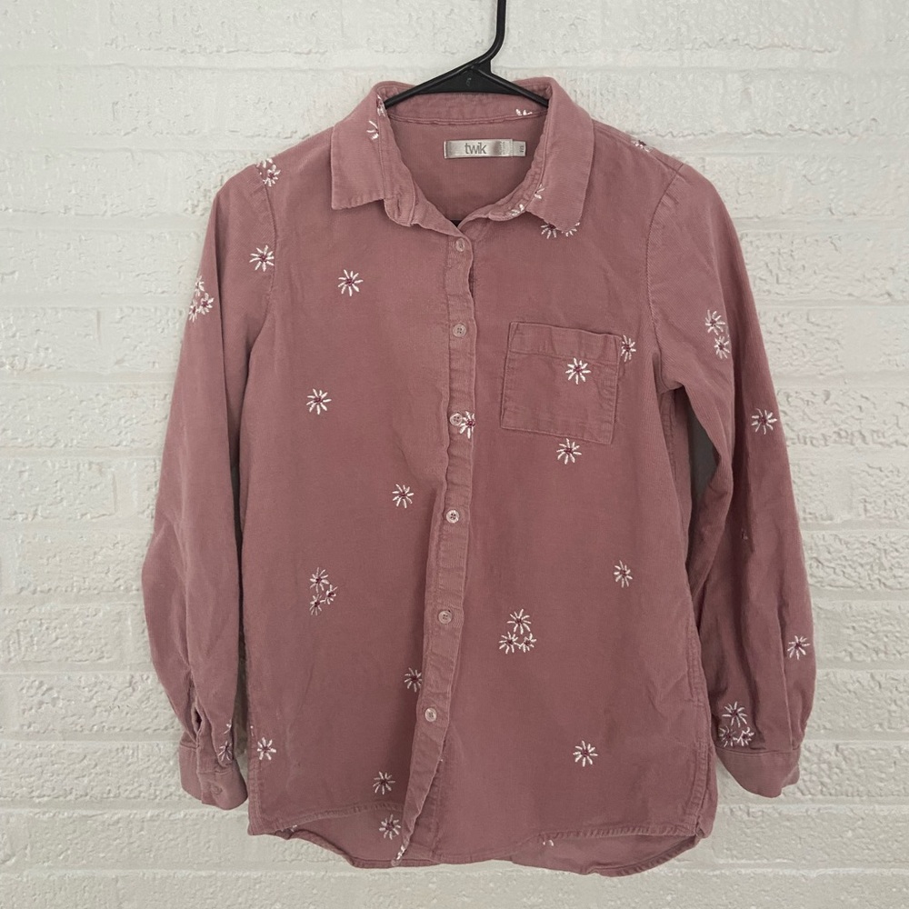 Pink corduroy floral button down